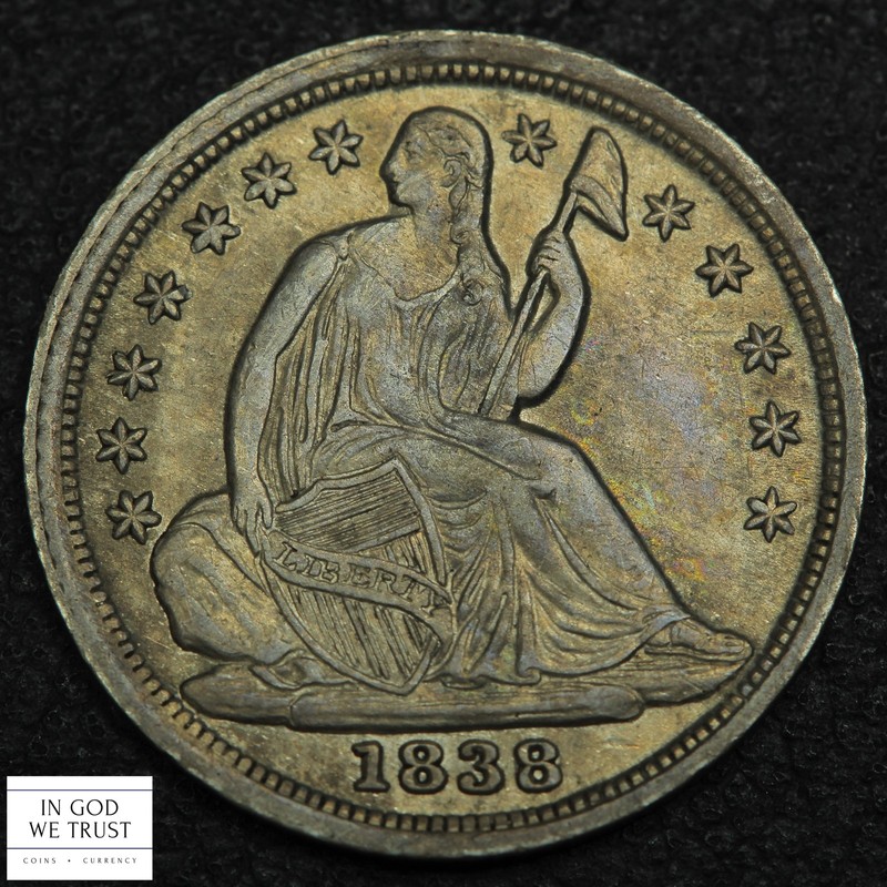 1838 Large Stars No Drapery Seated Liberty Half Dime H10C (Lustrous CH AU+)