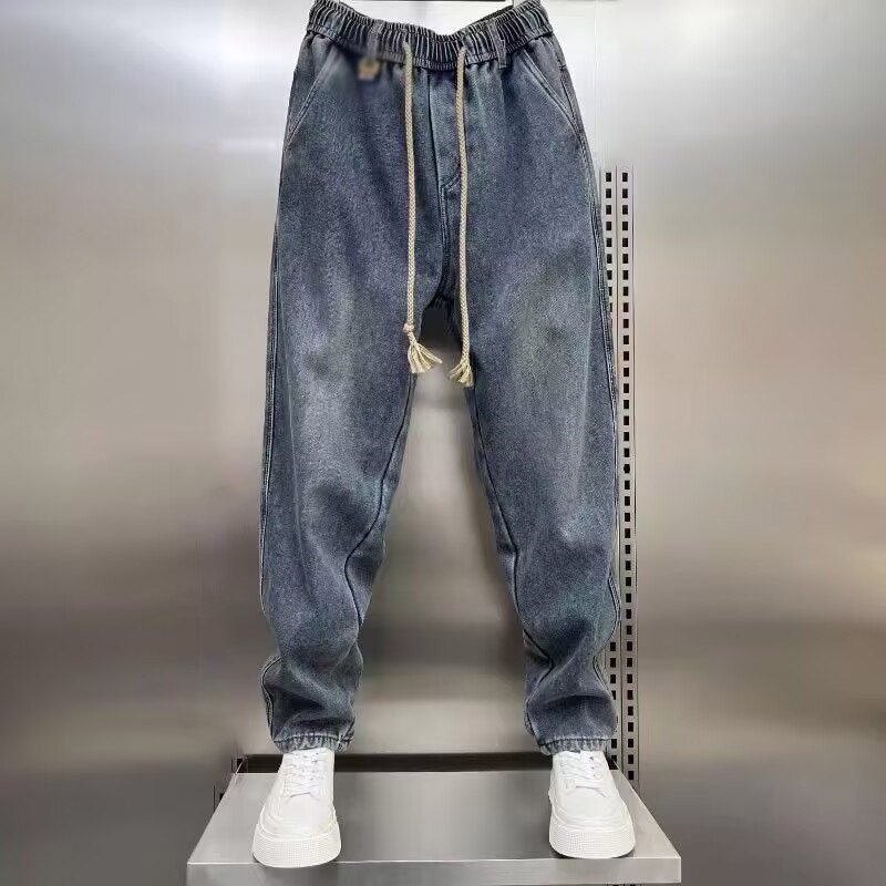haruName.STRETCH DENIM SKINNY TROUSER Mens Drawstring Skinny Jeans Denim Elastic Waist Harem Pants Retro