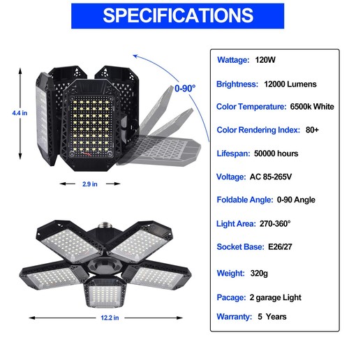 2 Pack LED Garage Lights, 120W Deformable LED Garage Ceiling Light with 5 Adj... - Picture 7 of 8