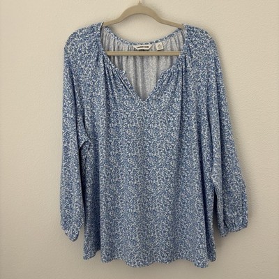 Lands' End Top Women's 2X 20-22W Blue White Floral 3/4 Sleeve Knit Peasant Tunic