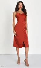 Lulus Hollywood Bronze Rust Satin Midi Wedding Cocktail Attire Dress NWT Size S