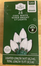 Holiday Time 25ct COOL WHITE Led C7 Super Bright Lights Christmas Green Wire
