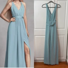 White by Vera Wang Mist Blue Sleeveless Long V Neck Chiffon Dress Size 0 NWT