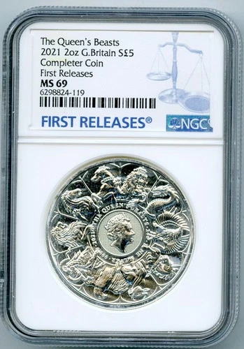 2021 GREAT BRITAIN 2OZ SILVER NGC MS69 QUEEN'S BEASTS COMPLETER COIN - EX THICK