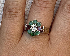 9ct Yellow Gold Emerald Ruby Diamond Flower Cluster Ring, Size O