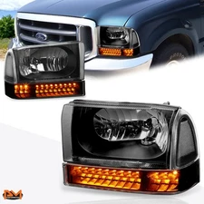 For 99-04 Ford F-250/350 Headlight W/Turn Signal Lamp Black Housing Clear Corner
