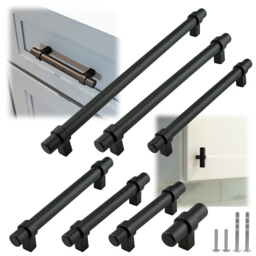 Black Modern Cabinet Handles T Bar Pulls Kitchen Drawer Hardware Stainless Steel - Picture 1 of 13