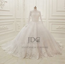 Luxurious Muslim Full Lace Wedding Dress Ball Gown Custom made Ivory Long Sleeve