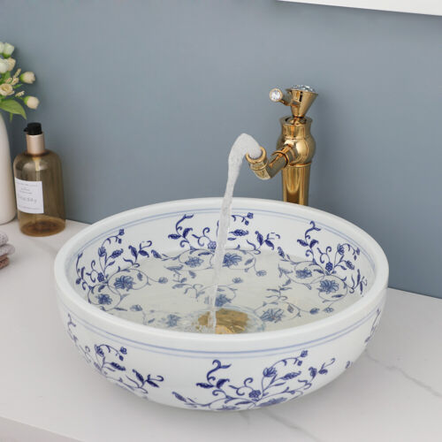 Bathroom Blue Ceramic Round Basin Bowl Vessel Sink Mixer Gold Faucet Drainer - Picture 6 of 9