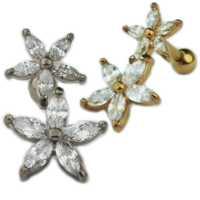 2 Blumen Ohr Helix Tragus Piercing Schmuck viele Kristalle Silber Rosegold Stern