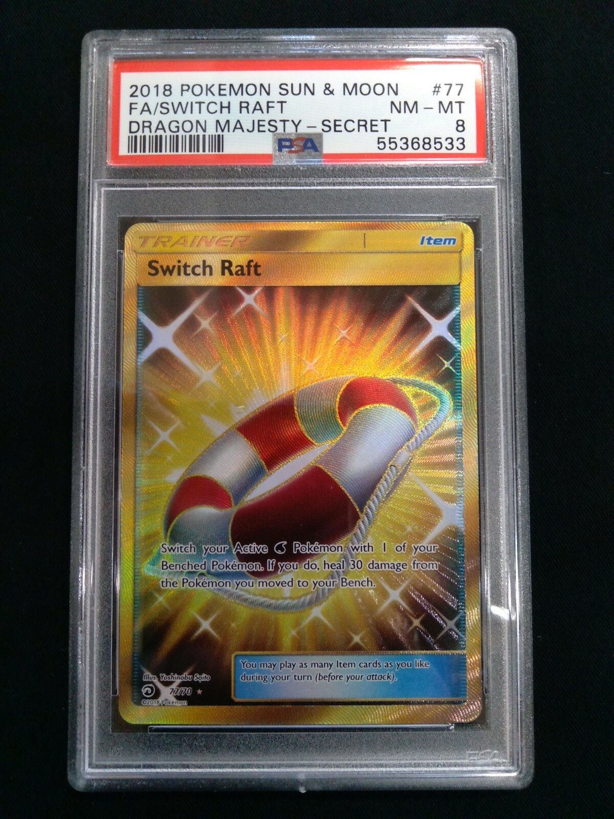Graded PSA 8 FA/SWITCH RAFT #77 2018 Pokemon Sun & Moon Dragon Majesty Secret NM