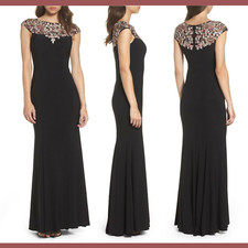 NWT XSCAPE Floral Yoke Jersey Gown Black [SZ 12 ] #G68