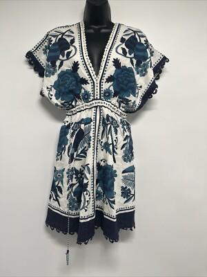 Farm Rio Women's Tropical Tiles Floral Linen-Blend Mini A-Line Dress - Off White Blue - Size XS