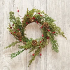 Evergreen Pine w/ Red Pip Berries Candle Ring / Wreath 3.5" Inner Dia. Christmas