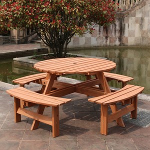 Wooden Garden Table And 4 Bench Seat Chairs With Umbrella Hole Outdoor Patio Ebay