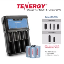 Tenergy T4s Universal LED Battery Charger + 4 Pack NiMH Rechargeable C Batteries