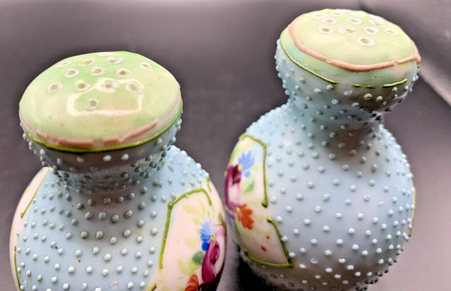 Nippon Hand Painted BLUE Nubbed Moriage Salt & Pepper Shakers Floral Decoration