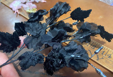 vintage silk 1940 black blossoms pearl stamens velvet leaves 1 spray Japan