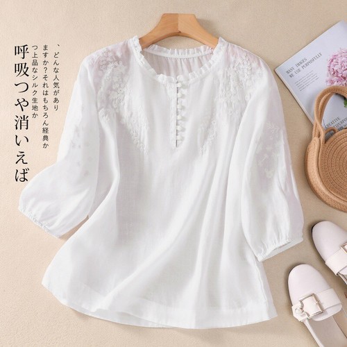 Cotton Linen Loose Embroidery Flower V-neck Shirt Top Women Retro Blouses Ethnic - Picture 25 of 27