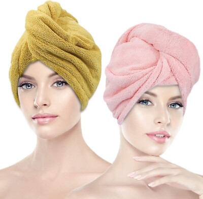 Set of 2 Microfiber Hair Towel Wrap Super Absorbent Twist Turban Dry Hair Caps
