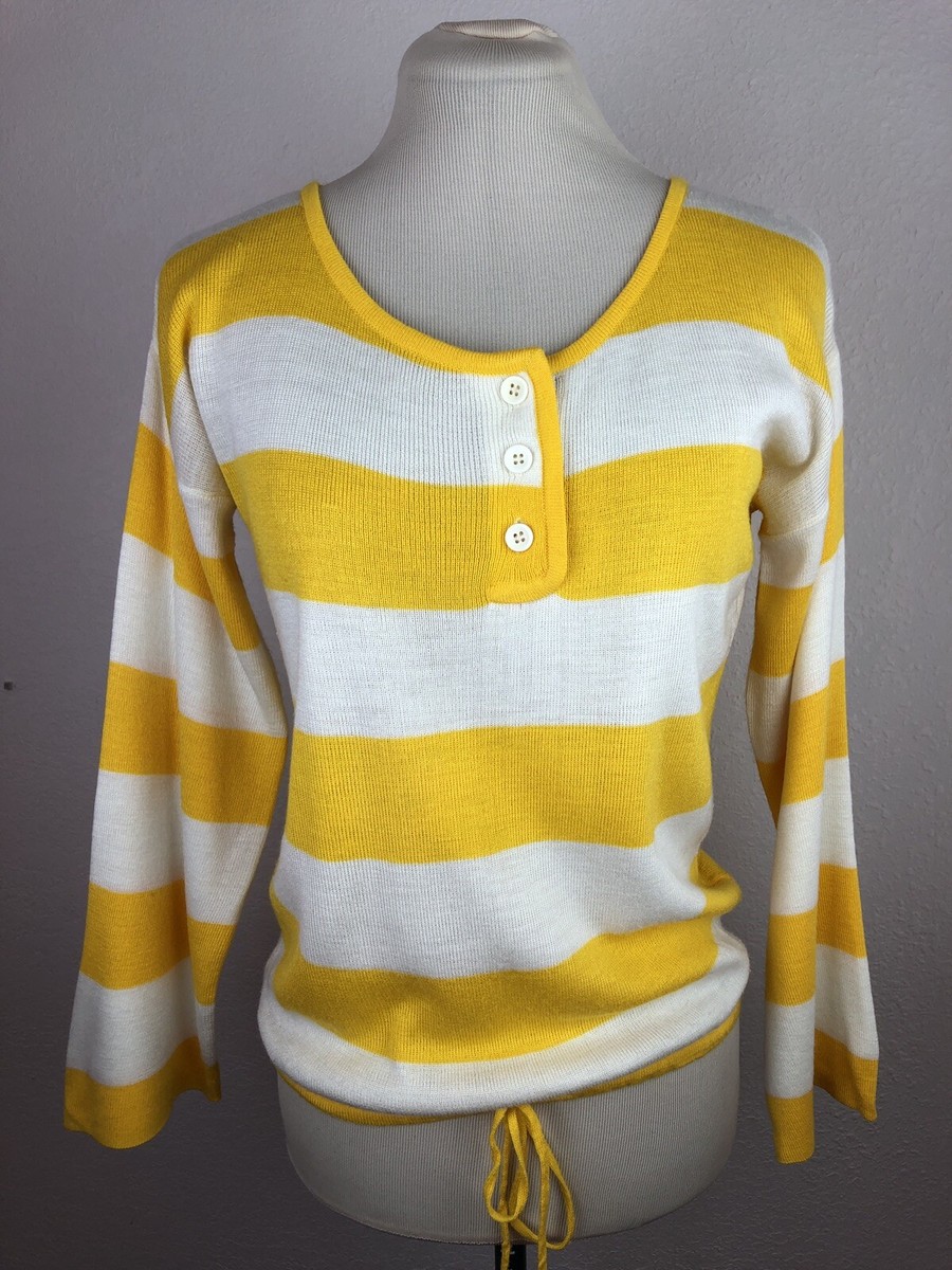 トップス LINKS CHECK KNIT PULLOVER VTG Knit Top Sweater Small QUALITY Yellow White Stripe