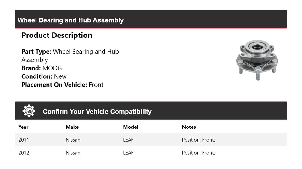 Conjunto de cojinete de rueda y buje delantero MOOG para Nissan LEAF 2011-2012 Foto 2 de 4