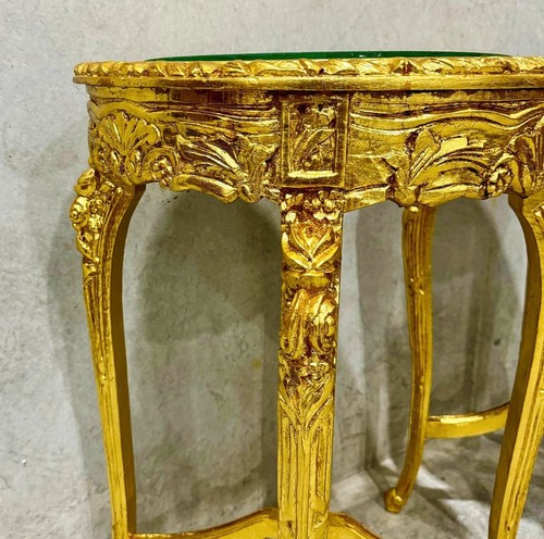 French Style Golden Side Table Glass Topped Gold Leaf Details - Picture 5 of 9