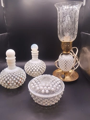 Hobnail Opalescent glass Moonstone lot boudoir lamp perfume powder box 4 pc set