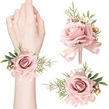 2 PCS Pink Artificial Rose Wrist Corsage Boutonniere Set Wedding Prom Decor