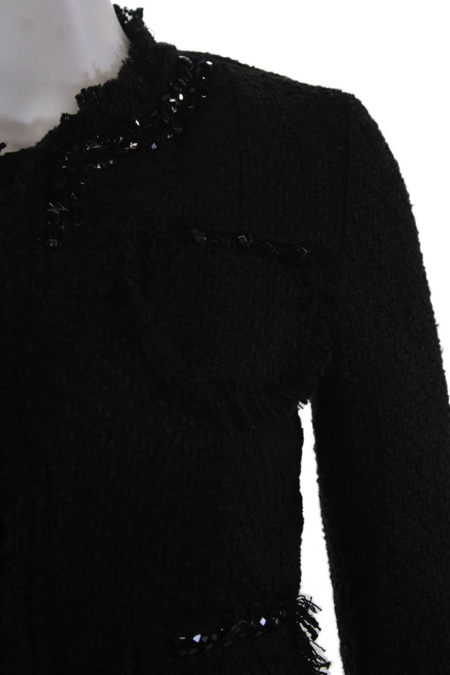 Chaqueta Lola Mujer Botón Frontal Manga Larga Flecos Cristal Borde Negra Talla Pequeña Foto 2 de 4