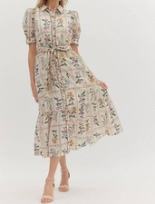 Entro Women's Amaya Floral Print Short Puff Sleeve Midi Dress Size S