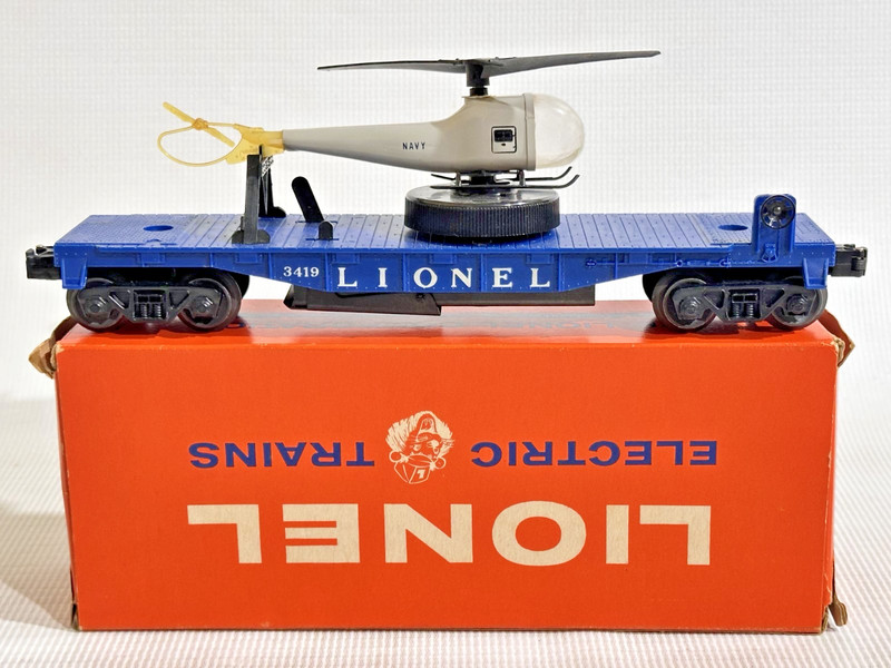 LIONEL VERY NICE 3419 SINGLE BLADE LARGE WINDER DK BLUE HELICOPTER CAR W/ OB LF