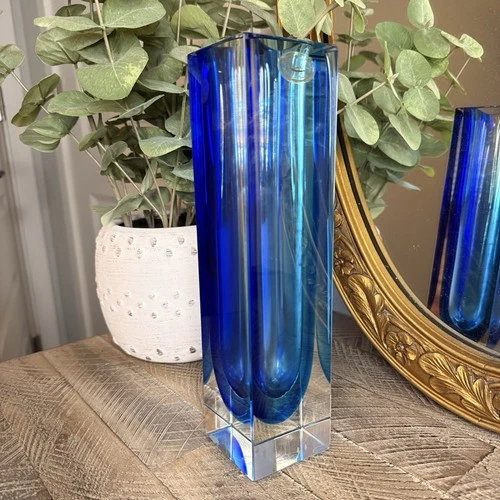 Vintage MCM Schiavon Murano 10” Blue Glass Vase - Signed