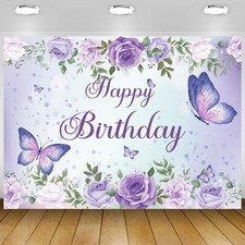 Purple Butterfly Birthday Banner Backdrop Women Girl Photo Background Decor