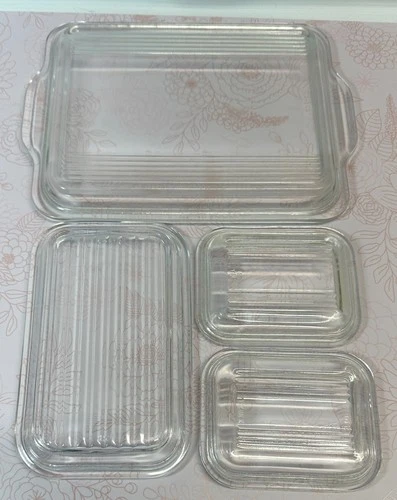 Lot of 4 VTG Pyrex 501-C, 502-C, 503-C Glass Ribbed Refrigerator Dish Lids Only