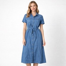 New Glory Womens Denim Midi Shirt Dress Medium Wash Short Sleeve Tie Waist XL