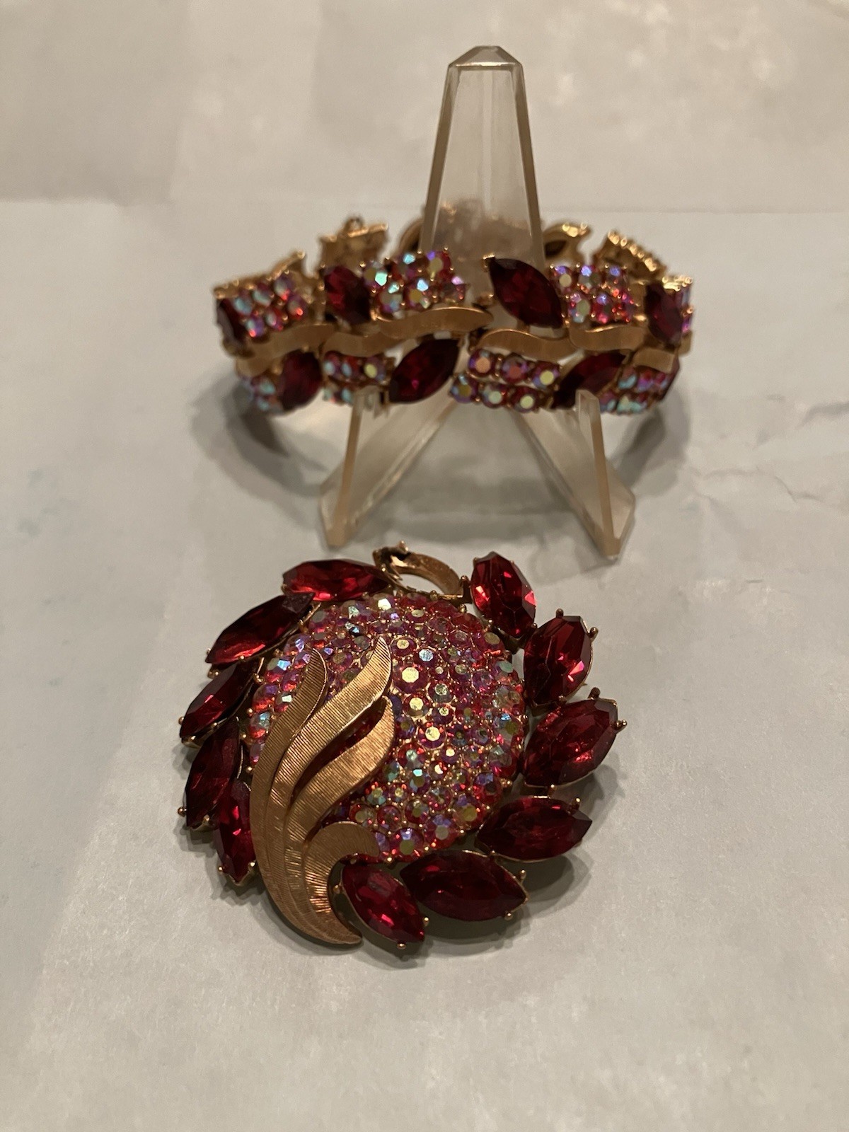 Signed Trifari Ruby Red and Rhinestone Matching P… - image 1