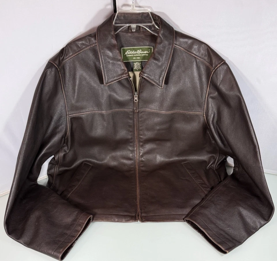 Vintage Eddie Bauer Men’s Brown Soft Leather Flight Bomber Jacket Coat Full Zip - Image 2 of 4