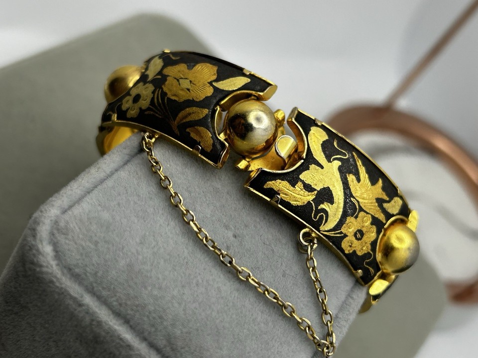 Vintage Japanese Damascene Bracelet Gold Inlay Shakudo Panel Bangle ...
