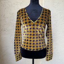 Vtg 90’s Voyage Passion Velvet Houndstooth Top Sz S V-neck Multicolor Silk Blend