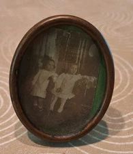 Antique VTG Estate Metal Mini oval picture frame With Old Photo 2.25” 