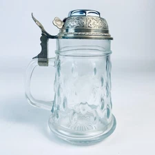 VTG BMF West Germany Bierseidel Hobnail Glass Beer Stein w St. Christopher Bell