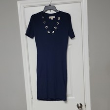 Michael Kors Dress Size M Navy Knit V-Neck Lace-Up Grommet Midi