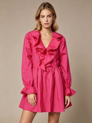NWT Self-Portrait Fuchsia Pink Lace Ruffled Cotton-poplin Mini Dress 4