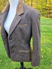 Vintage 90s Wool Houndstooth Blazer Jacket Leather Suede Collar Equestrian Brown