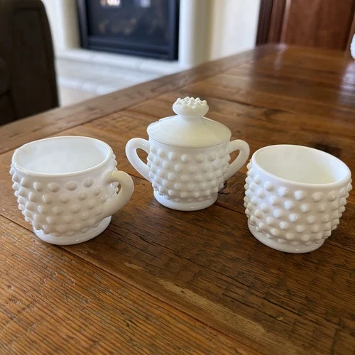 Vintage Fenton Milk Glass Hobnail Sugar Bowl with Lid, Creamer, & Jelly Bowl Set