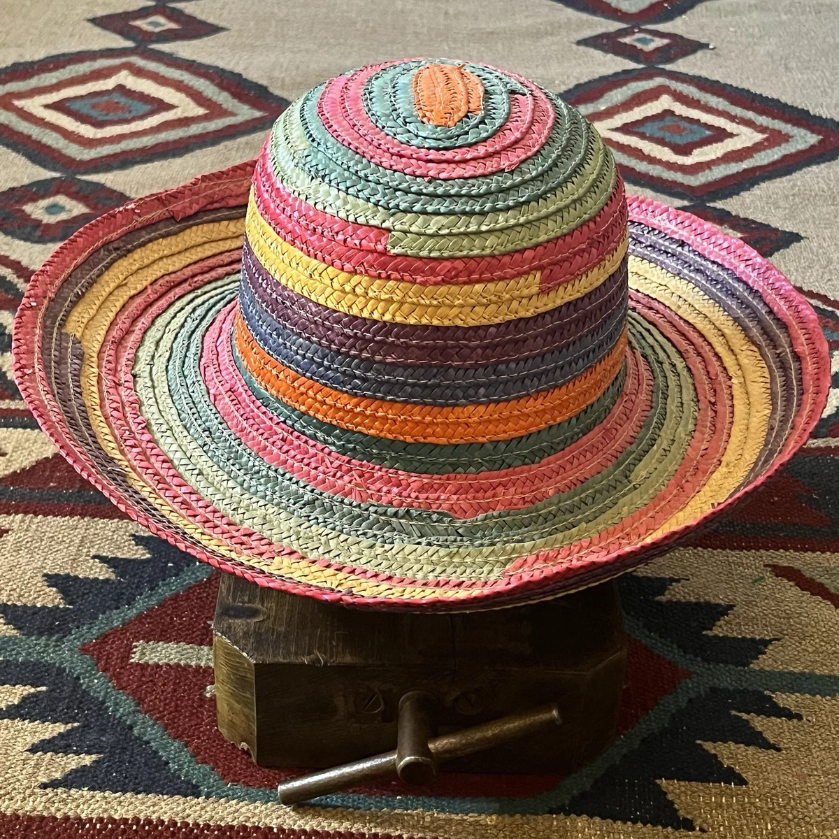 Vintage Helene Berman Resort Pom Pom Straw Hat ~ New With Tags ~ Made in Italy Multi-Color Straw Fedora/Trilby Vintage Hats for Women for  main image 3