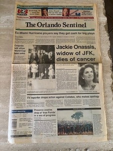 1994 hdln newspaper JACKIE KENNEDY ONASSIS DEAD of Cancer - John F Kennedy widow