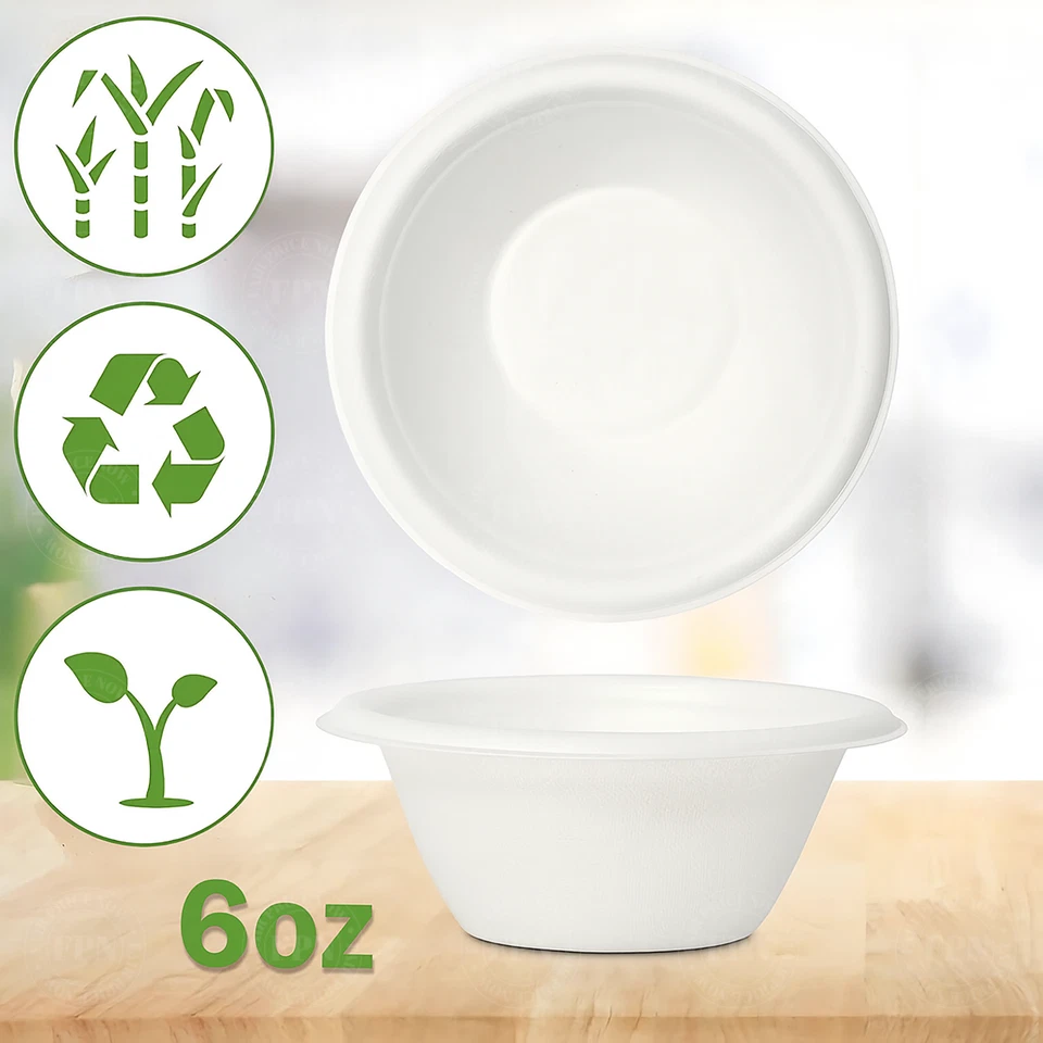 Cuencos de papel compostables desechables aptos para microondas cuencos de bagazo 6 OZ 500CT -FPN Foto 3 de 4