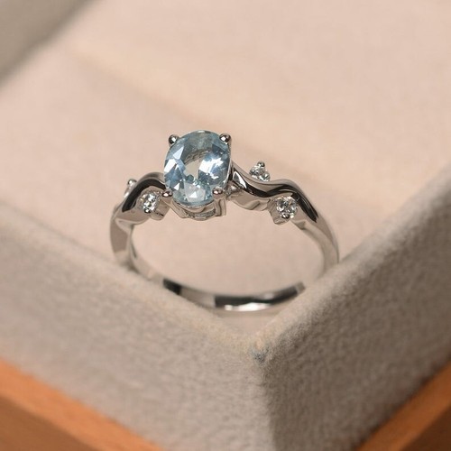 1.37 Ct Oval Natural Aquamarine Diamond Engagement Ring 14k White Gold Size 7 - Picture 2 of 6